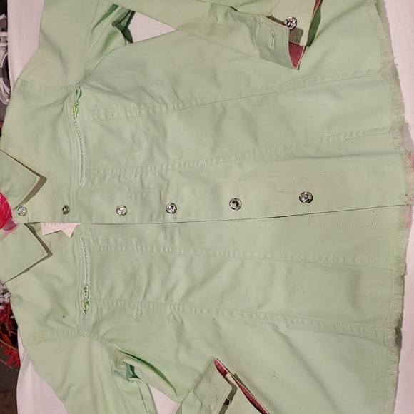 Quacker Factory Embellished 2 Pc Green Denim Pink Rhinestone Sz S Jacket & Pants - Picture 14 of 16
